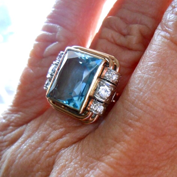 Vintage Art Deco  Stunning 14K, 5.5 ct Radiant Cut Aquamarine Diamond Ring - Picture 4 of 14